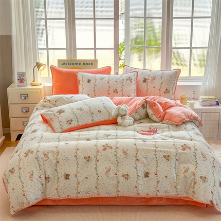 红粉佳人新款小清新卡通贝壳边三角针棉加绒四件套工艺款牛奶绒四件套花香小兔