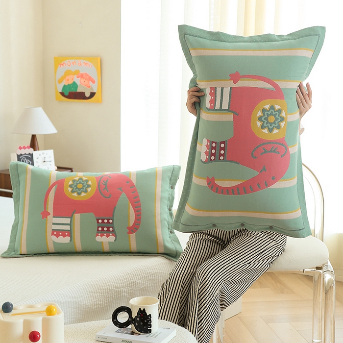 91家纺网 家纺一手货源 找家纺 2024新款全棉四层纱布枕套一对装纽扣款枕套 简约小象