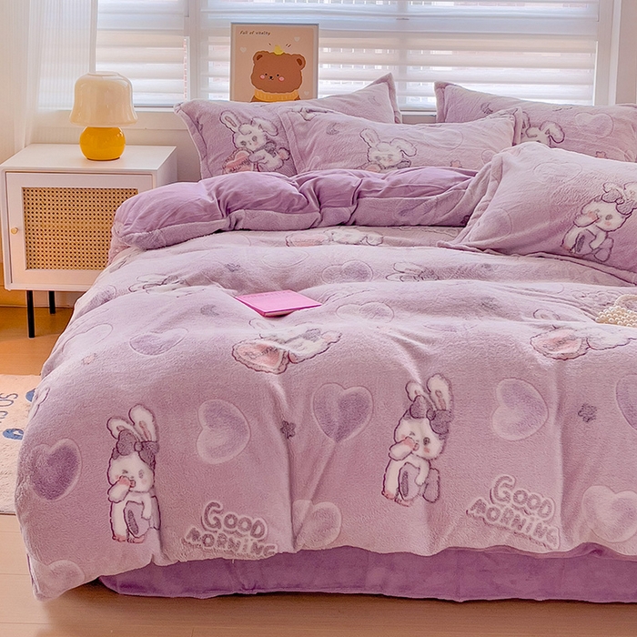 91家纺网 家纺一手货源 找家纺 2024新款加厚雪花绒印花四件套-风格二（提供卖家秀） 爱心免(紫)