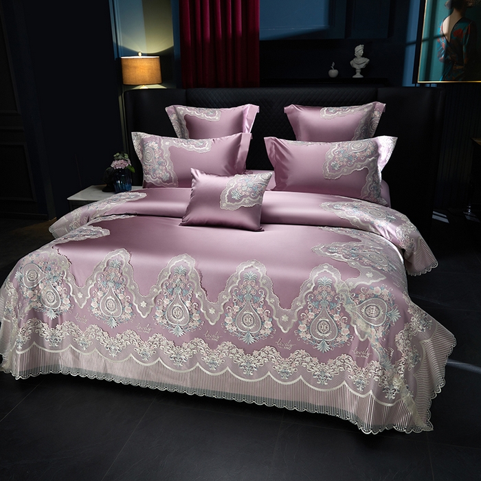 91家纺网 家纺一手货源 找家纺 2024新款高端蕾丝重磅真丝棉系列四件套-爱兰朵 爱兰朵豆沙