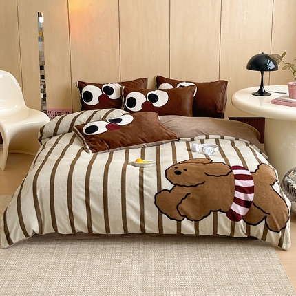 91家纺网 家纺一手货源 找家纺 安哆啦家纺 2024新款兔毛绒大版卡通牛奶绒兔兔绒印花四件套 巧克力狗