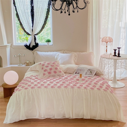 91家纺网 家纺一手货源 找家纺 （总）庭笙 新款梦幻纱高定款立体玫瑰法式蕾丝边牛奶绒四件套