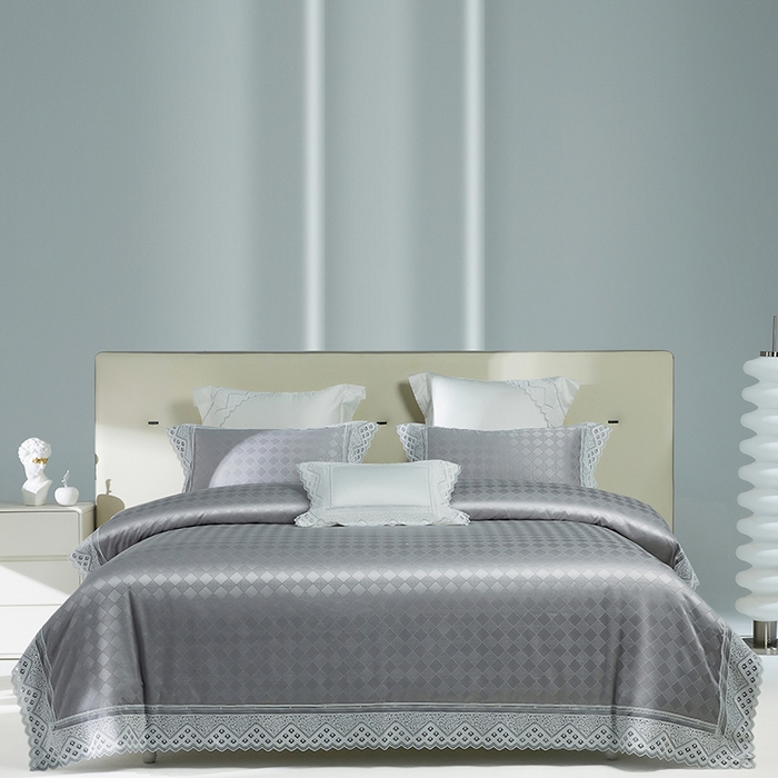 91家纺网 家纺一手货源 找家纺 2024新款高端蕾丝重磅真丝棉系列四件套-克莱斯特 克莱斯特 浅灰