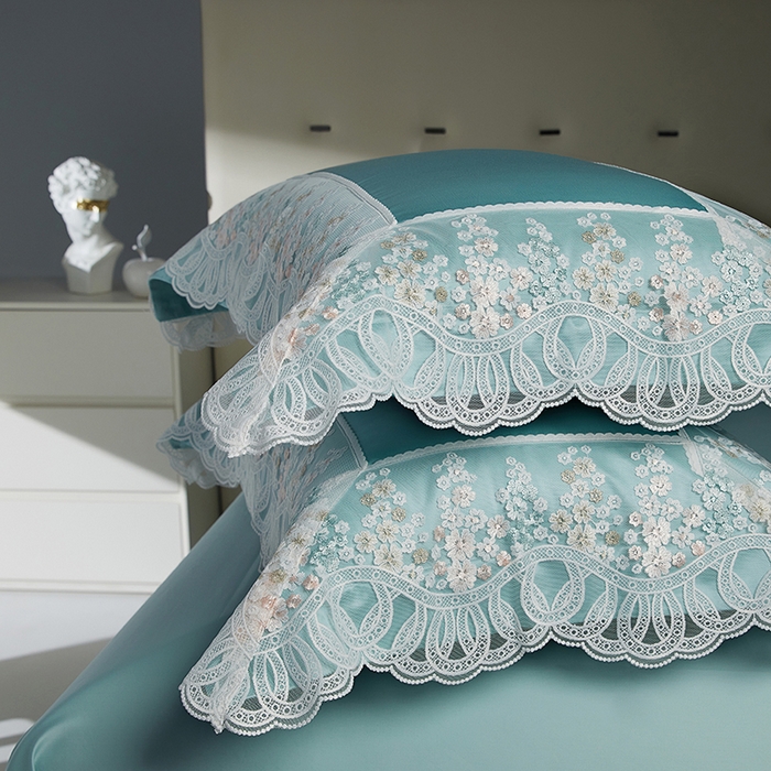 91家纺网 家纺一手货源 找家纺 2024新款高端蕾丝重磅真丝棉系列四件套-芬芳细雨 芬芳细雨 绿