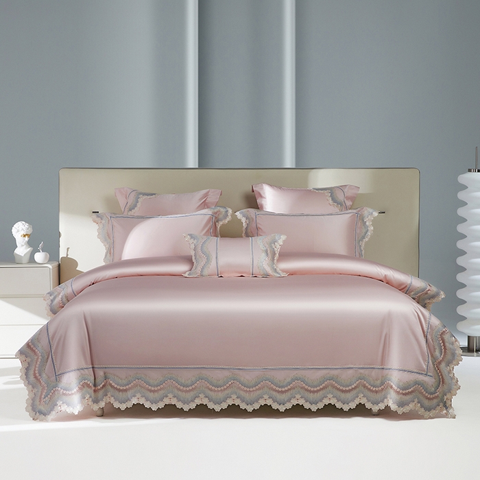 91家纺网 家纺一手货源 找家纺 2024新款高端蕾丝重磅真丝棉系列四件套-花言蜜语粉