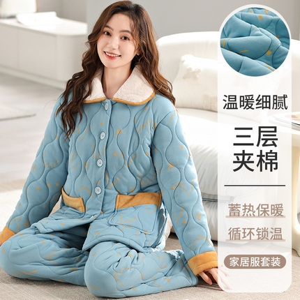91家纺网 家纺一手货源 找家纺 （总）洛兰沙家居馆 2024新款清新款睡衣女秋冬三层夹棉珊瑚绒加厚保暖两件套女士可外穿加绒家居服