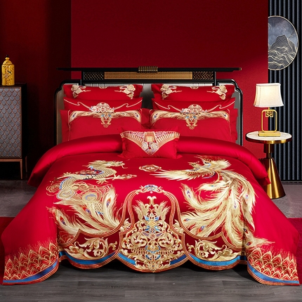 91家纺网 家纺一手货源 找家纺 蒂爵 全棉纯棉高端刺绣长绒棉提花婚庆多件套 龙凤贺彩