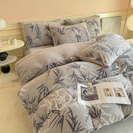 大境 2024新款8斤A类230克牛奶绒提花烂花四件套床笠款床单款 水墨竹 红灰