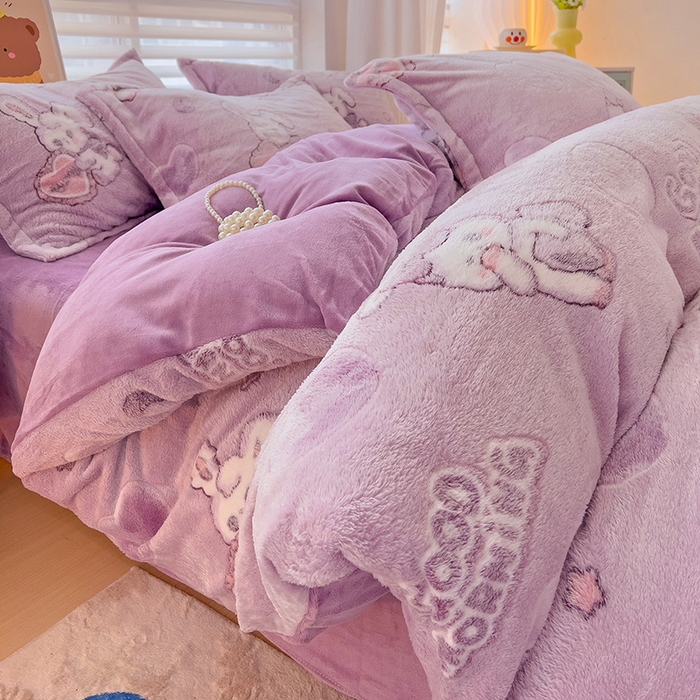 91家纺网 家纺一手货源 找家纺 2024新款加厚雪花绒印花四件套-风格二（提供卖家秀） 爱心免(紫)