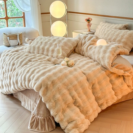 畅畅家纺 2024新款AB版冬季纯色七彩兔兔绒兔毛绒牛奶绒四件套 卡其