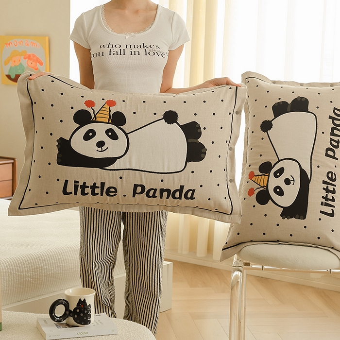 91家纺网 家纺一手货源 找家纺 2024新款全棉四层纱布枕套一对装纽扣款枕套 波点肥熊