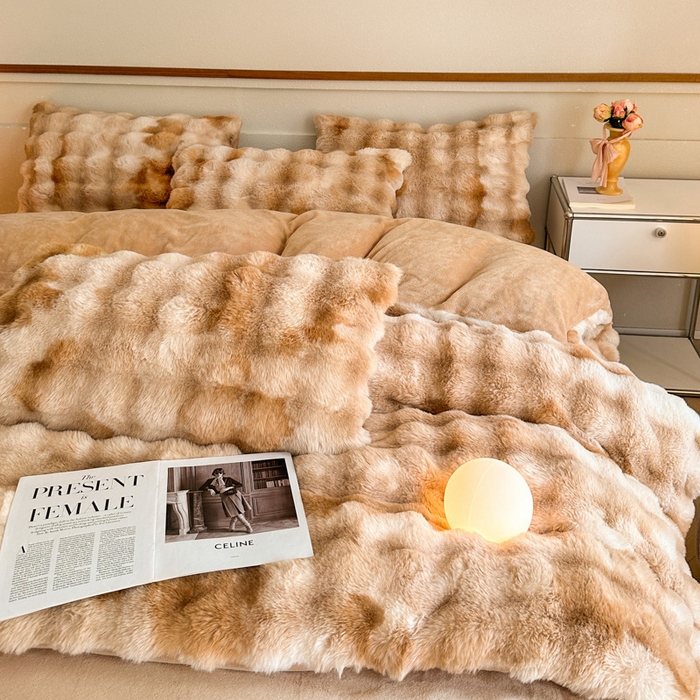 91家纺网 家纺一手货源 找家纺 畅畅家纺 2024新款AB版冬季纯色七彩兔兔绒兔毛绒牛奶绒四件套 七彩咖