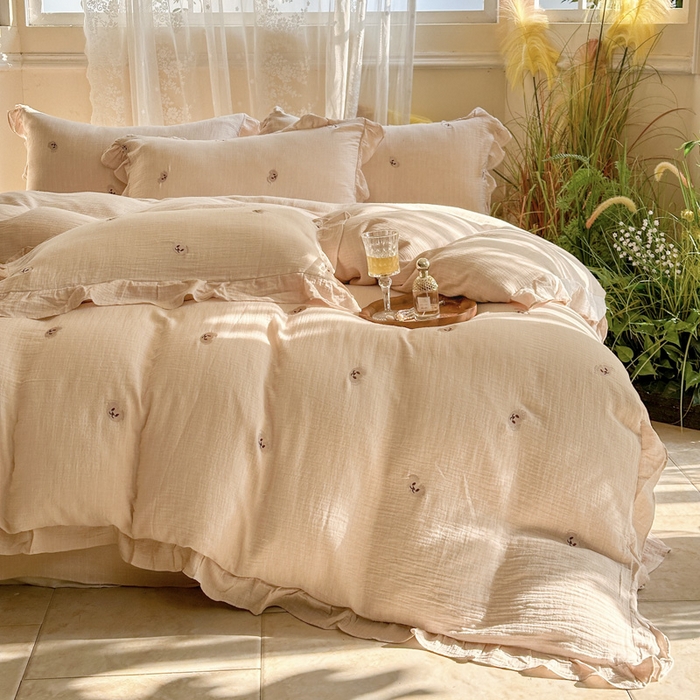 91家纺网 家纺一手货源 找家纺 2025新品全棉色织皱皱纱刺绣款四件套 米诺咖