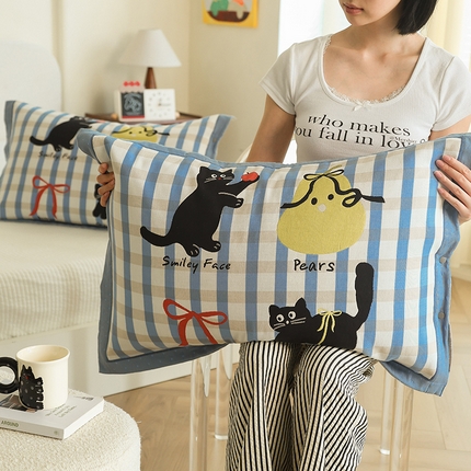 2024新款全棉四层纱布枕套一对装纽扣款枕套 大眼萌猫