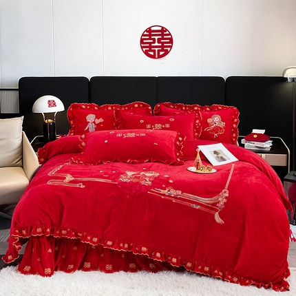 蒂爵 全棉纯棉抗静电宝宝绒婚庆绣花四件套 喜庆福缘