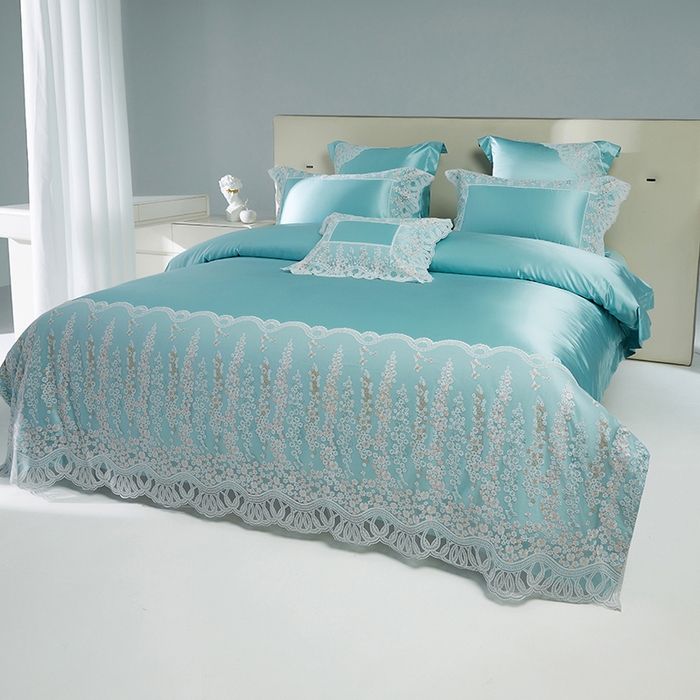 91家纺网 家纺一手货源 找家纺 2024新款高端蕾丝重磅真丝棉系列四件套-芬芳细雨 芬芳细雨 绿