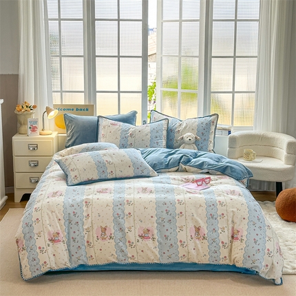 红粉佳人新款小清新卡通贝壳边三角针棉加绒四件套工艺款牛奶绒四件套田园之家