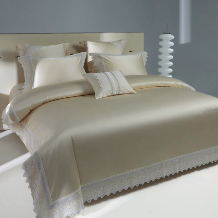 91家纺网 家纺一手货源 找家纺 2024新款高端蕾丝重磅真丝棉系列四件套-德鲁斯 德鲁斯 香槟