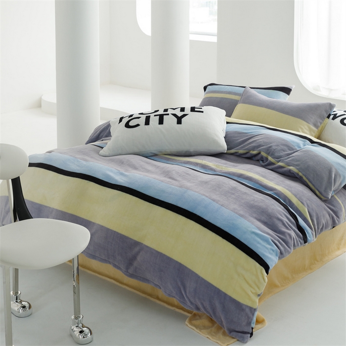 91家纺网 家纺一手货源 找家纺 红粉佳人 2025新款小清新双面牛奶绒四件套简约条纹