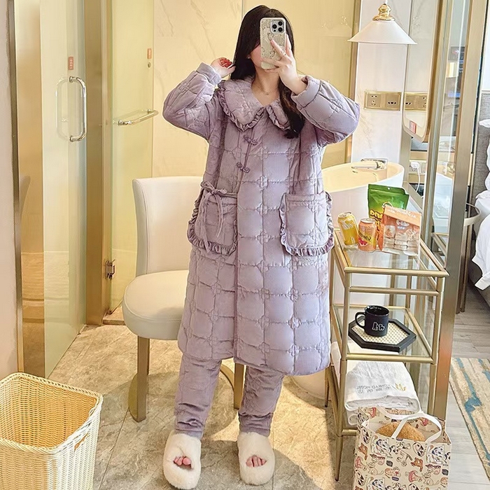 91家纺网 家纺一手货源 找家纺 洛兰沙家居馆 2024新款中国风盘扣睡袍三层夹棉加厚睡衣女冬季中长款紫色浴袍家居服套装 一件代发 单件 淡紫色