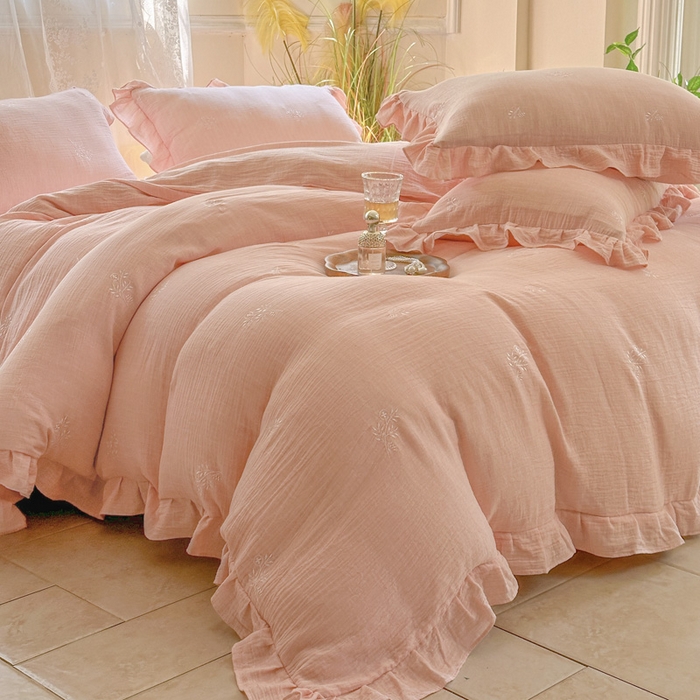 91家纺网 家纺一手货源 找家纺 （总）2025新品全棉色织皱皱纱刺绣款四件套