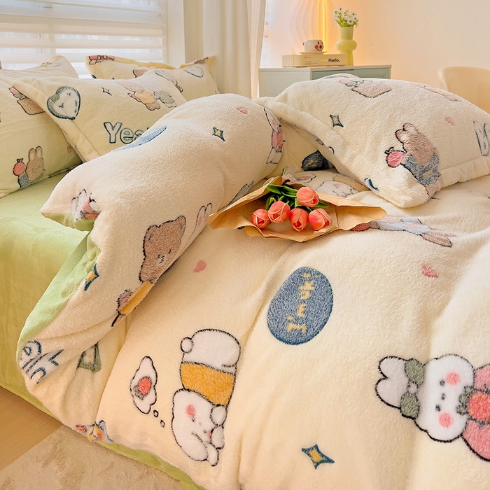 91家纺网 家纺一手货源 找家纺 2024新款加厚雪花绒印花四件套-风格二（提供卖家秀） 快乐心情