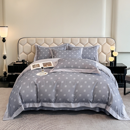 91家纺网 家纺一手货源 找家纺 雲归梦 2024新款全棉纯棉轻奢加厚磨毛拼角工艺四件套 苏缦-烟波灰