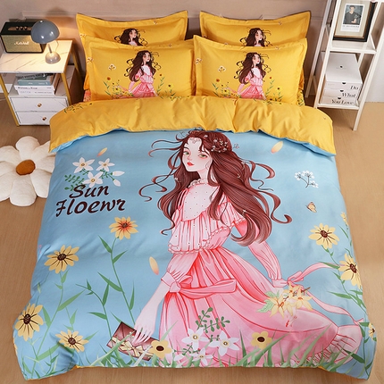 91家纺网 家纺一手货源 找家纺 宝薇 2024新款卡通款加厚斜纹磨毛大版四件套 （新花型不断更新中）花仙子绿