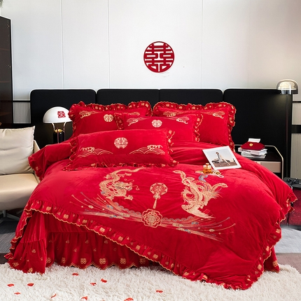 蒂爵 全棉纯棉抗静电宝宝绒婚庆绣花四件套 龙凤双喜