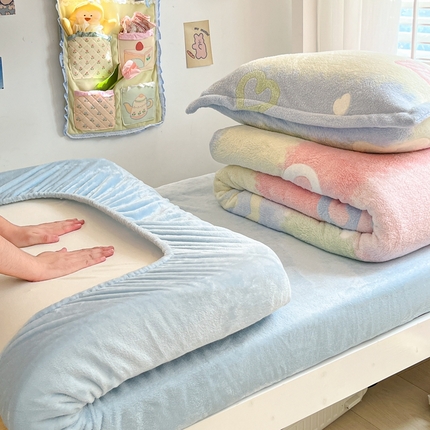 川悦生活 2024新款立体雪花绒宿舍床笠款三件套四件套 彩虹爱语蓝