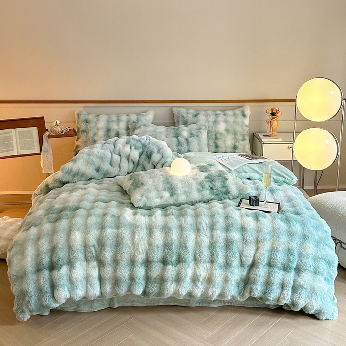 91家纺网 家纺一手货源 找家纺 畅畅家纺 2024新款AB版冬季纯色七彩兔兔绒兔毛绒牛奶绒四件套 七彩-绿