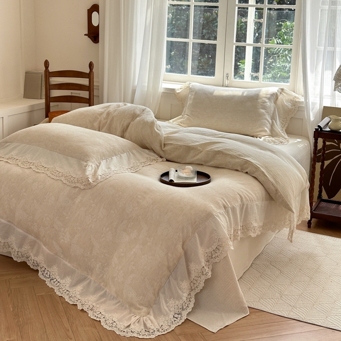 91家纺网 家纺一手货源 找家纺 淑女公社家纺 2024四季新款法式大花边棉麻四件套 蝶恋花