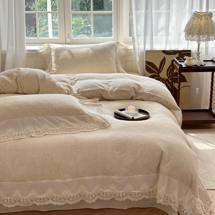 91家纺网 家纺一手货源 找家纺 淑女公社家纺 2024四季新款法式大花边棉麻四件套 蝶恋花