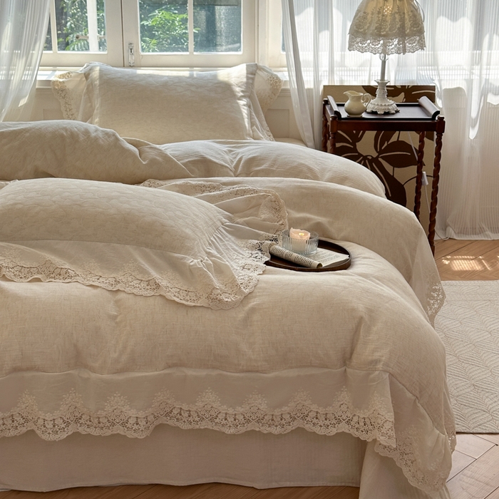 91家纺网 家纺一手货源 找家纺 淑女公社家纺 2024四季新款法式大花边棉麻四件套 云枝