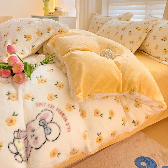 91家纺网 家纺一手货源 找家纺 2024新款加厚雪花绒印花单件被套-风格二（提供卖家秀 ） 田园兔(黄)