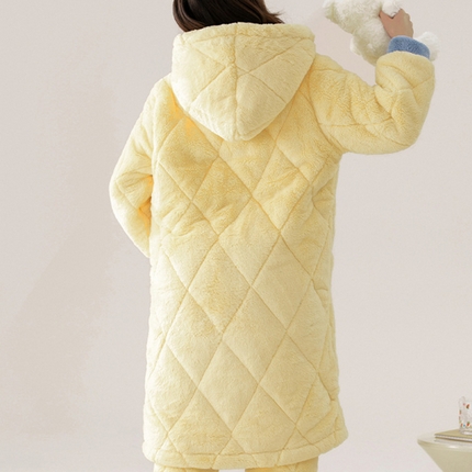 洛兰沙家居馆 2024新款秋冬季三层夹棉加厚加绒睡衣女士法兰绒套装珊瑚绒家居服 黄色