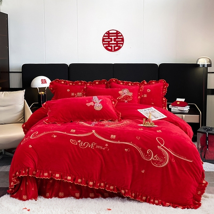 蒂爵 全棉纯棉抗静电宝宝绒婚庆绣花四件套 幸福恋歌