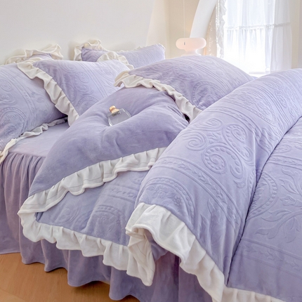 91家纺网 家纺一手货源 找家纺 2024新款加厚牛奶绒韩版雕花四件套风格1（温馨） 飞鸟