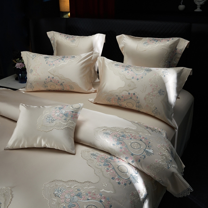 91家纺网 家纺一手货源 找家纺 2024新款高端蕾丝重磅真丝棉系列四件套-爱兰朵 爱兰朵香槟