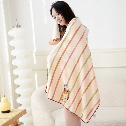 朴尔家纺-毛巾被 2024新款毛巾绣勾边小格快乐鸭AB版珊瑚绒速吸速干毛巾浴巾 背带熊-粉浴巾