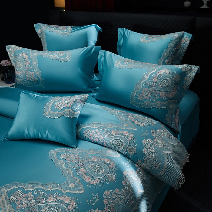 91家纺网 家纺一手货源 找家纺 2024新款高端蕾丝重磅真丝棉系列四件套-爱兰朵 爱兰朵炫彩绿