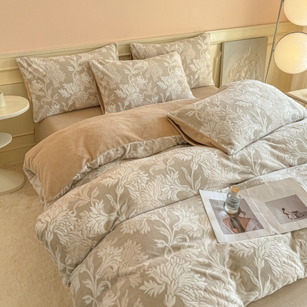 大境 2024新款8斤A类230克牛奶绒提花烂花四件套床笠款床单款 罗曼 褐咖
