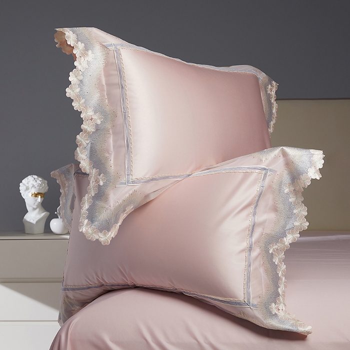 91家纺网 家纺一手货源 找家纺 2024新款高端蕾丝重磅真丝棉系列四件套-花言蜜语粉