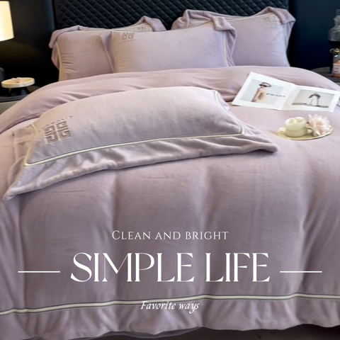 91家纺网 家纺一手货源 找家纺 露梦家纺 2025新款加厚保暖牛奶绒刺绣四件套 梵奢-罗兰紫