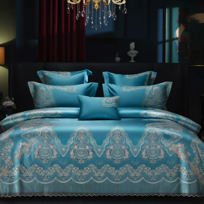 91家纺网 家纺一手货源 找家纺 2024新款高端蕾丝重磅真丝棉系列四件套-爱兰朵 爱兰朵炫彩绿