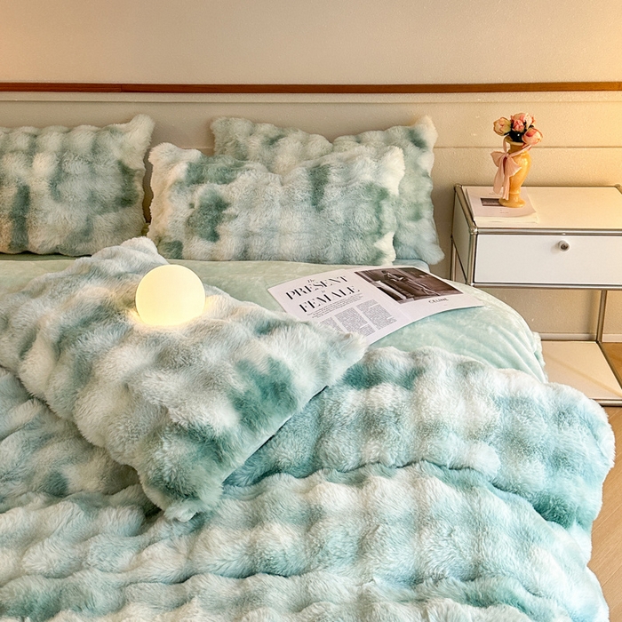 91家纺网 家纺一手货源 找家纺 畅畅家纺 2024新款AB版冬季纯色七彩兔兔绒兔毛绒牛奶绒四件套 七彩-绿