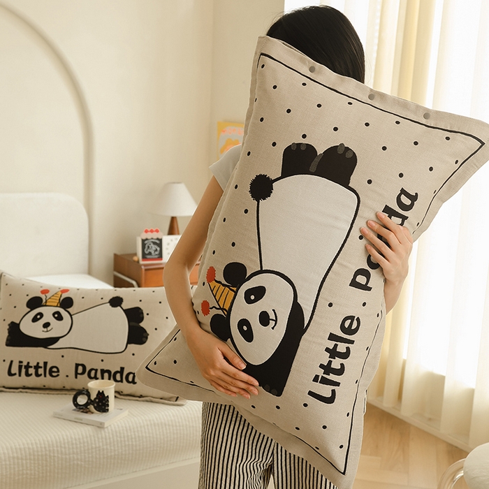 91家纺网 家纺一手货源 找家纺 2024新款全棉四层纱布枕套一对装纽扣款枕套 波点肥熊