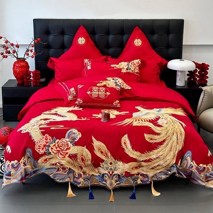 91家纺网 家纺一手货源 找家纺 （总）JUICY 橘滋家纺 2024新款100支全棉提花高端婚庆《囍》系列四件套