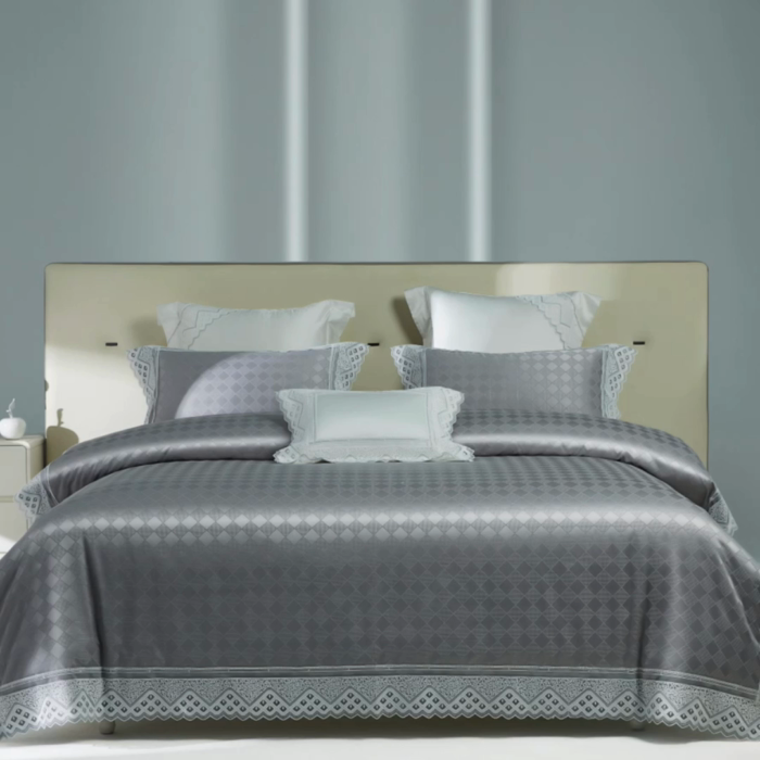 91家纺网 家纺一手货源 找家纺 2024新款高端蕾丝重磅真丝棉系列四件套-克莱斯特 克莱斯特 浅灰