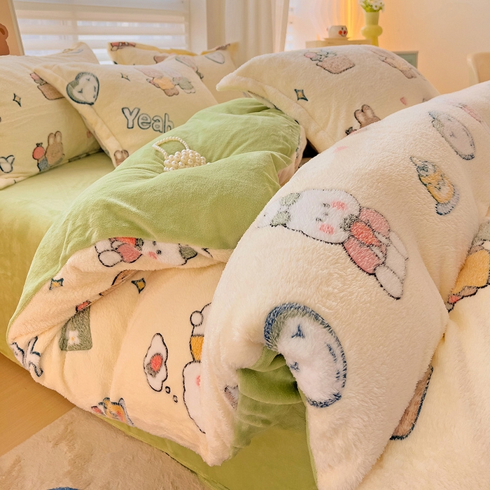 91家纺网 家纺一手货源 找家纺 2024新款加厚雪花绒印花四件套-风格二（提供卖家秀） 快乐心情